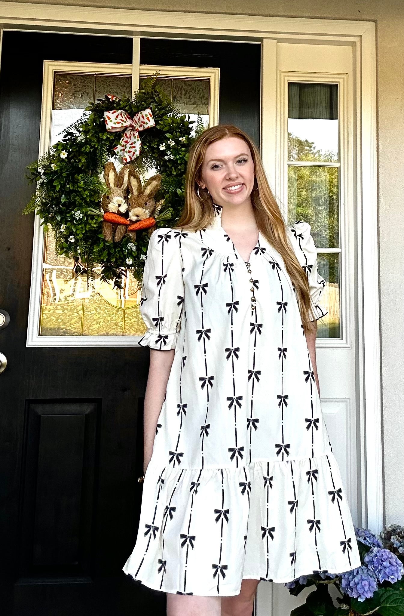 Beige Bowknot Printed Bubble Sleeve V-Neck Dress