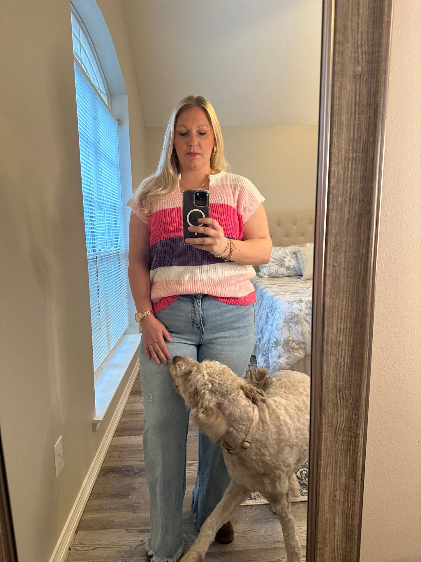 Colorblock Striped Knit Top Casual V Neck Short Sleeve Sweater