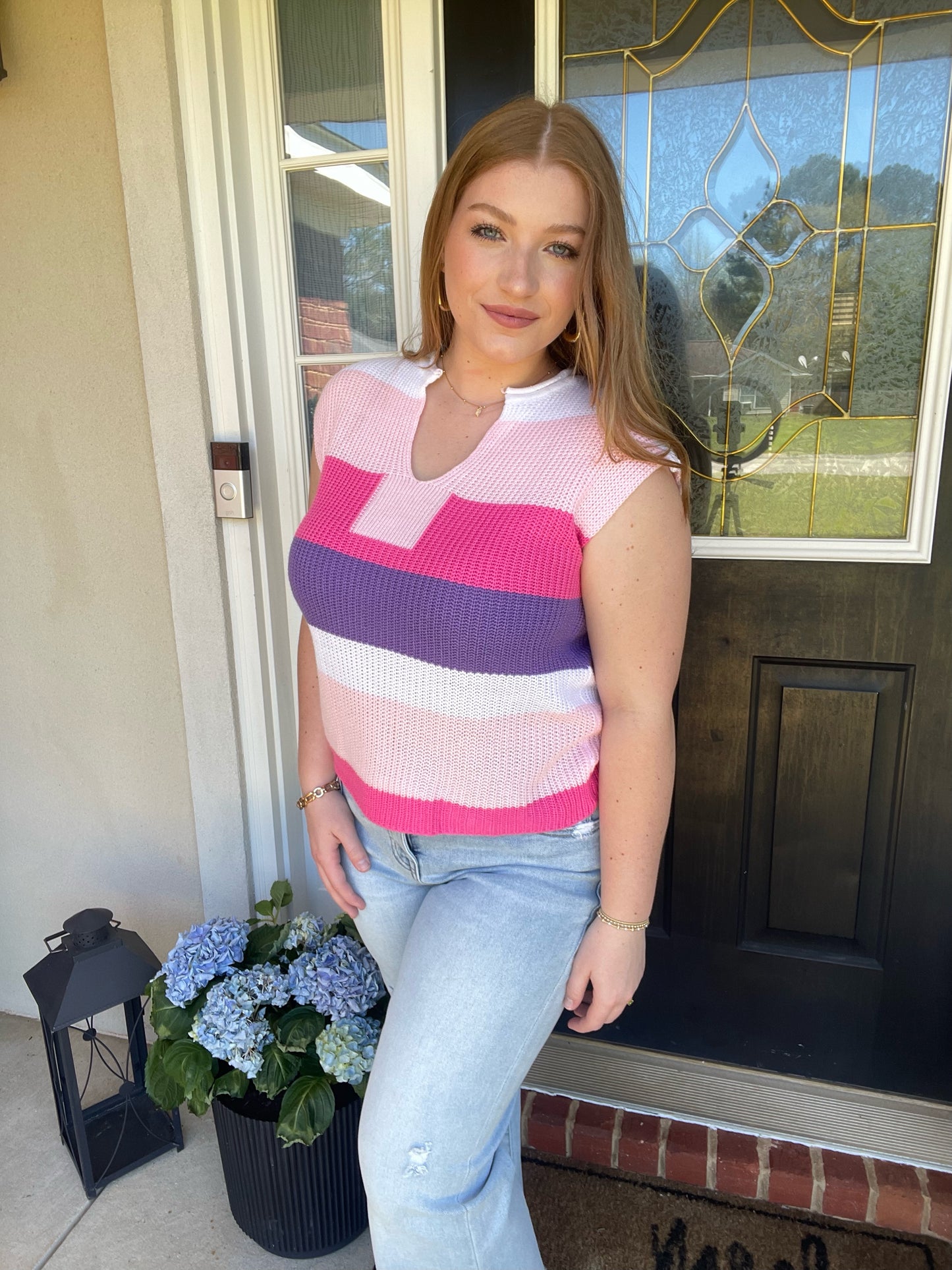 Colorblock Striped Knit Top Casual V Neck Short Sleeve Sweater