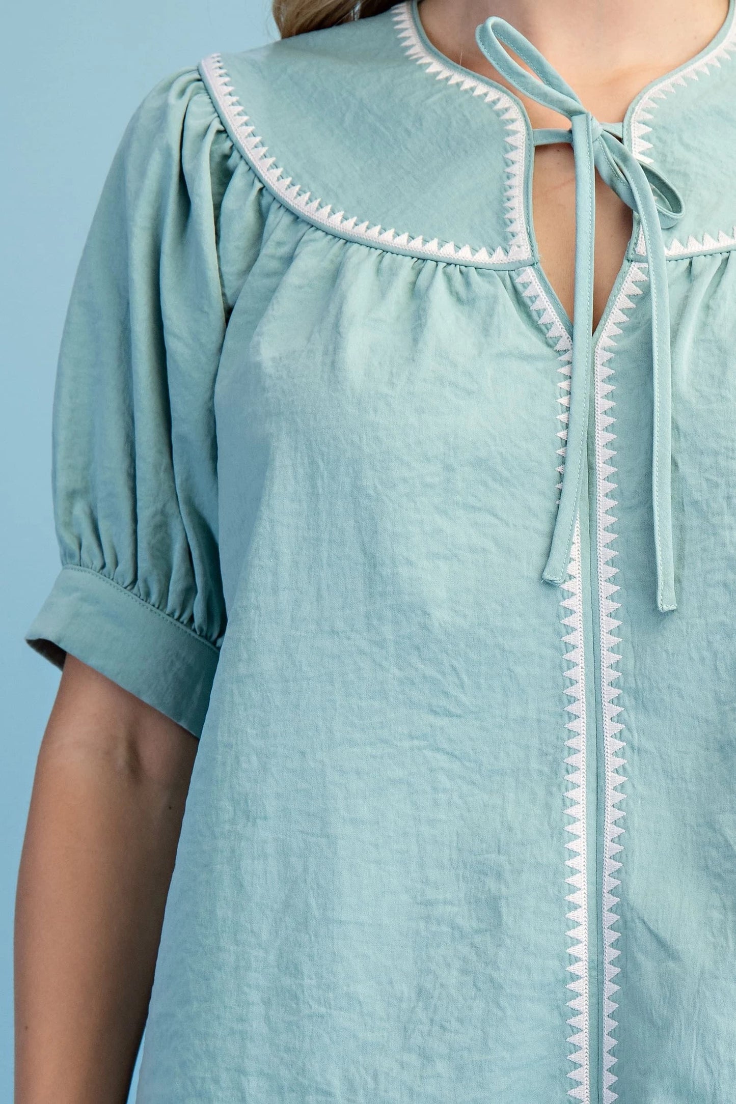 Tie Neck Short Sleeve Top with Embroidered Triangle Details | Mint