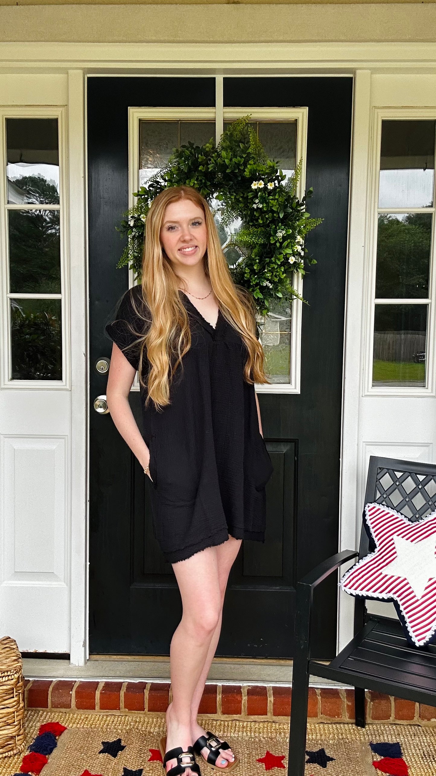 DOUBLE GAUZE RAW EDGE V-NECK DRESS - ALSO IN CURVE