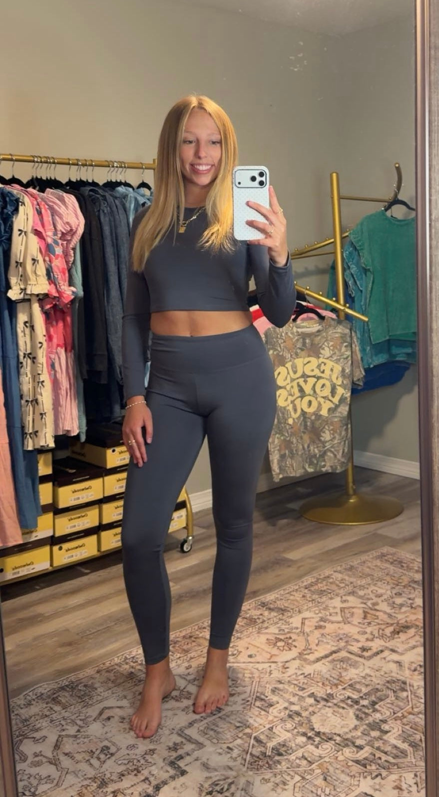 Long Sleeve Crop Top & High Waist Leggings Activewear Set - Steel Gray