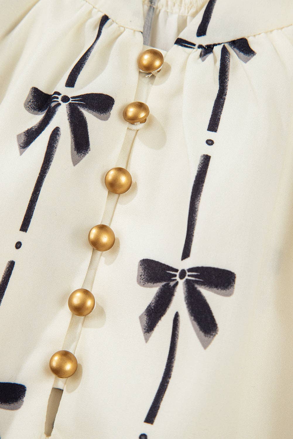 Beige Bowknot Printed Bubble Sleeve V-Neck Dress