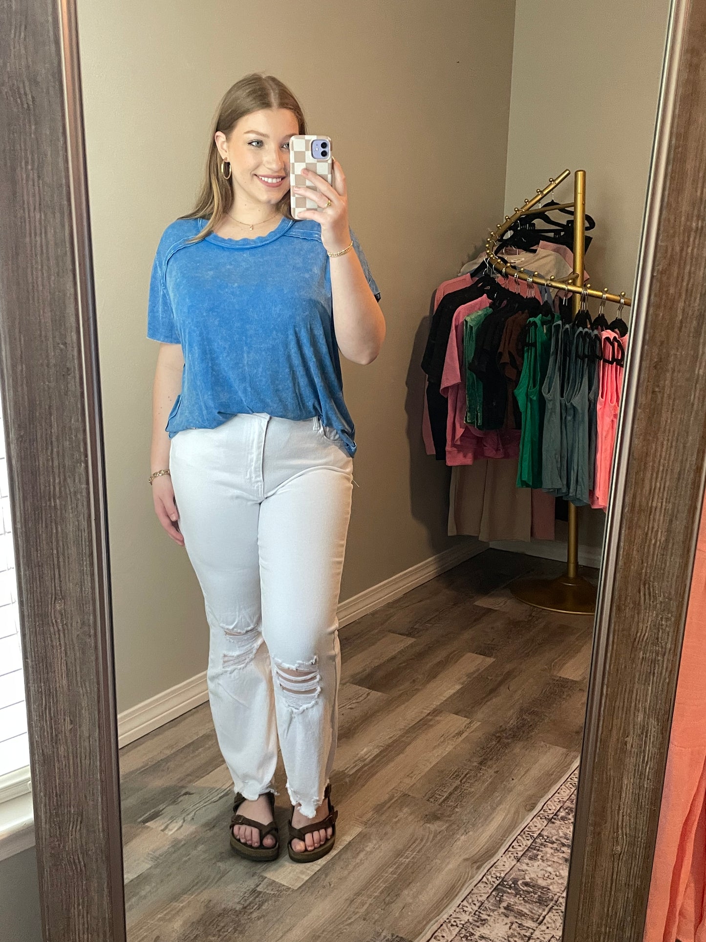 Washed Ribbed Short Sleeve Boat Neck Top Ocean Blue