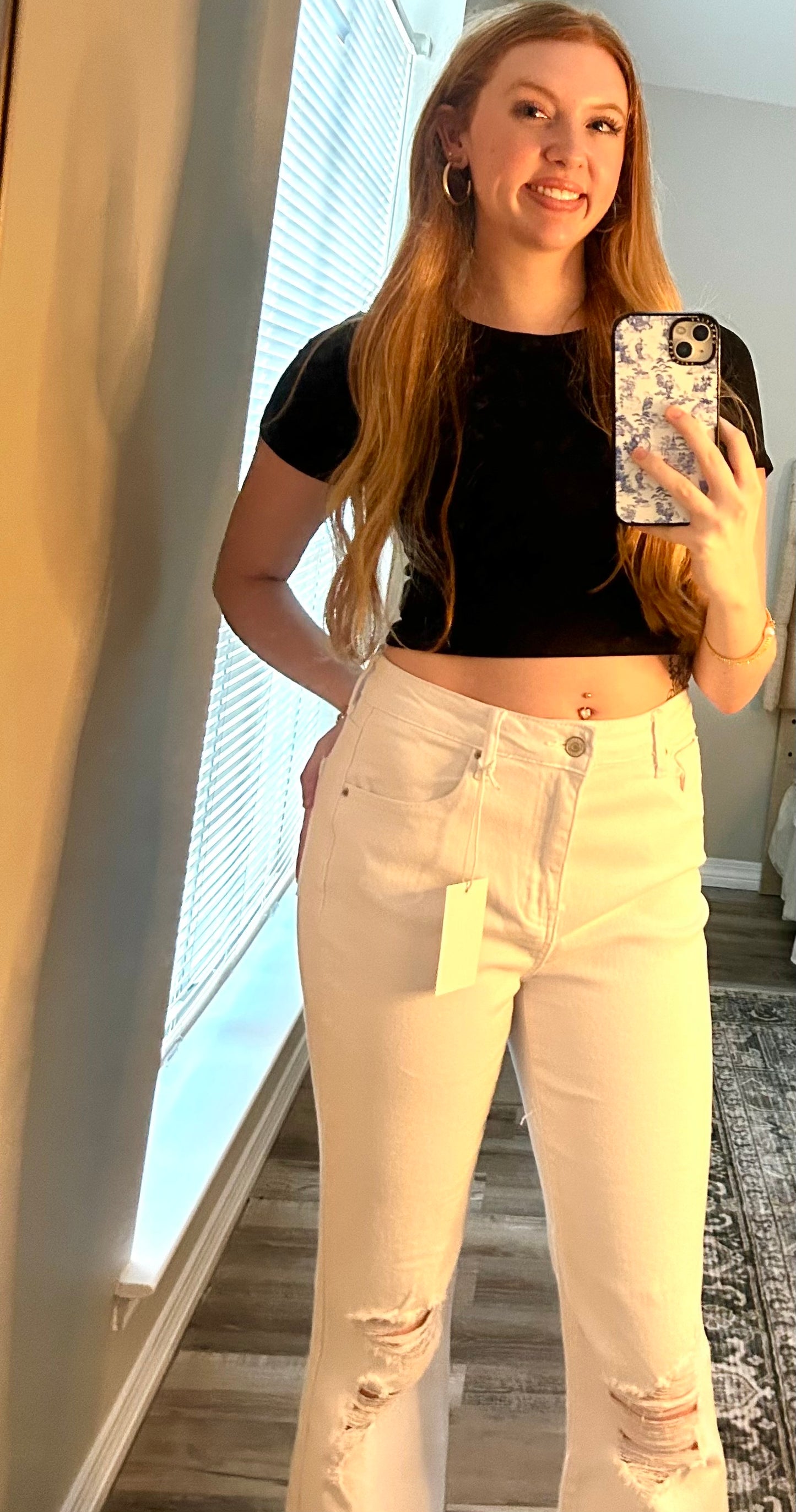 Acid Washed High Waist Distressed Straight Jeans White
