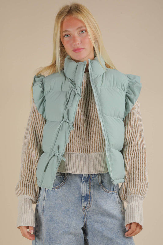 Front Bow Ruffle Sleeve Puffer Vest – Sage