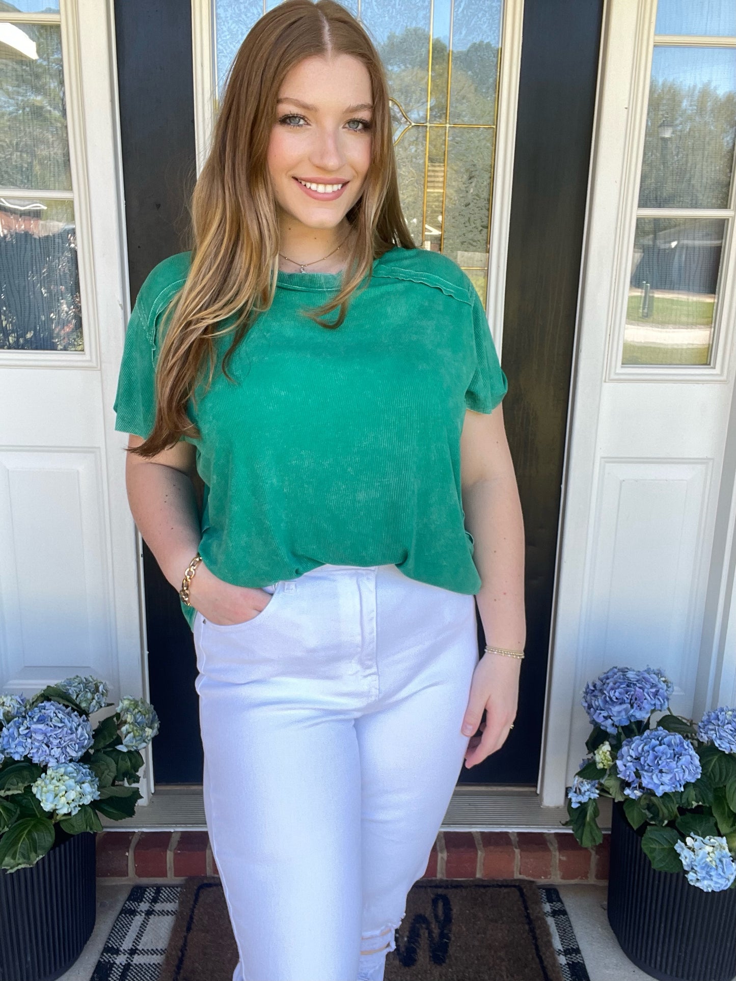 Washed Ribbed Short Sleeve Boat Neck Top Green