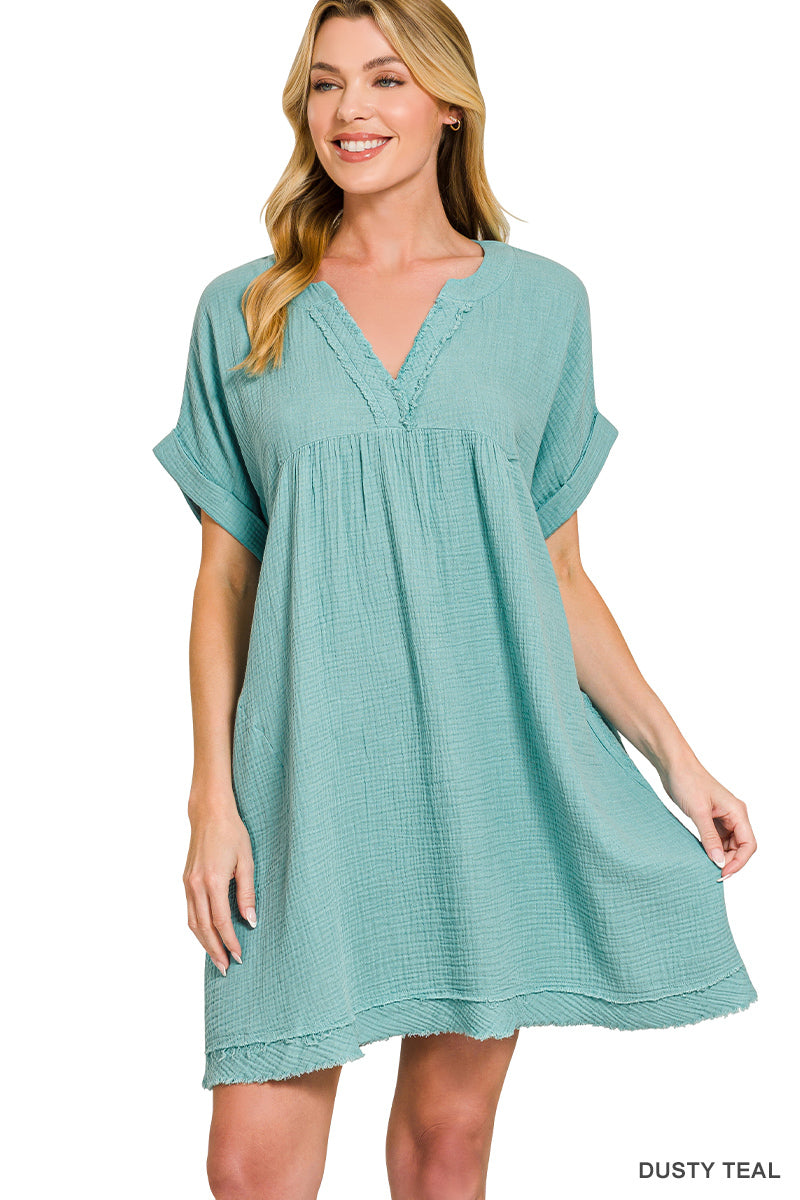 Double Gauze Raw Edge V-Neck Dress Dusty Teal