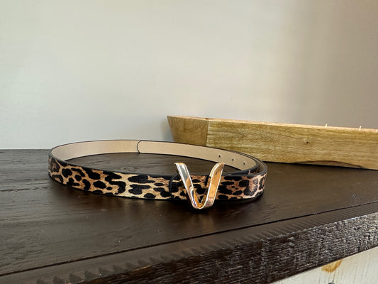 Skinny Leopard Belt with Gold V Buckle