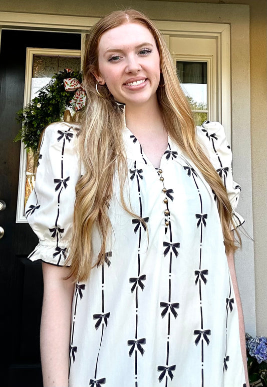Beige Bowknot Printed Bubble Sleeve V-Neck Dress