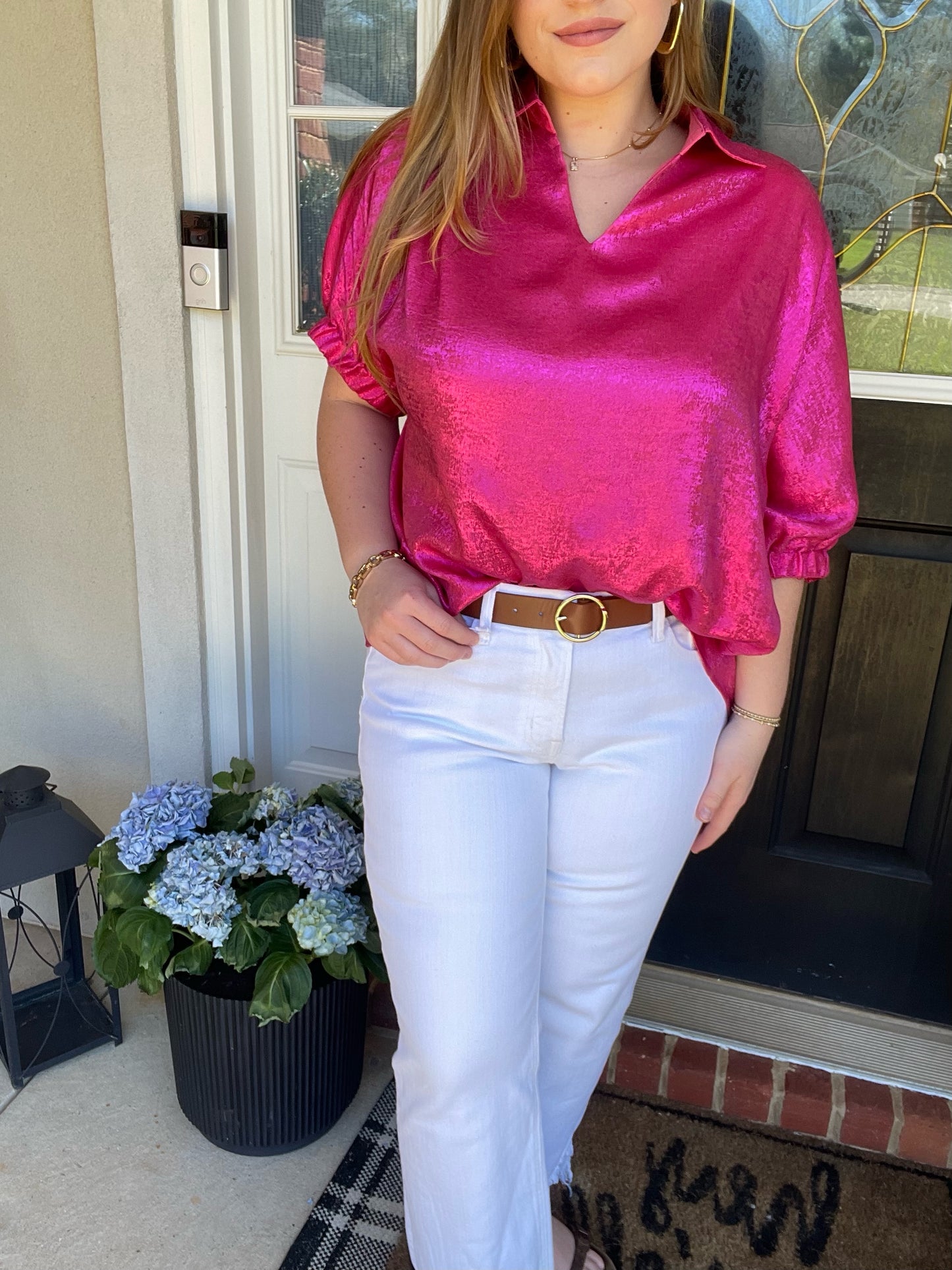 Strawberry Pink Collared V Neck Half Sleeve Metallic TopPink