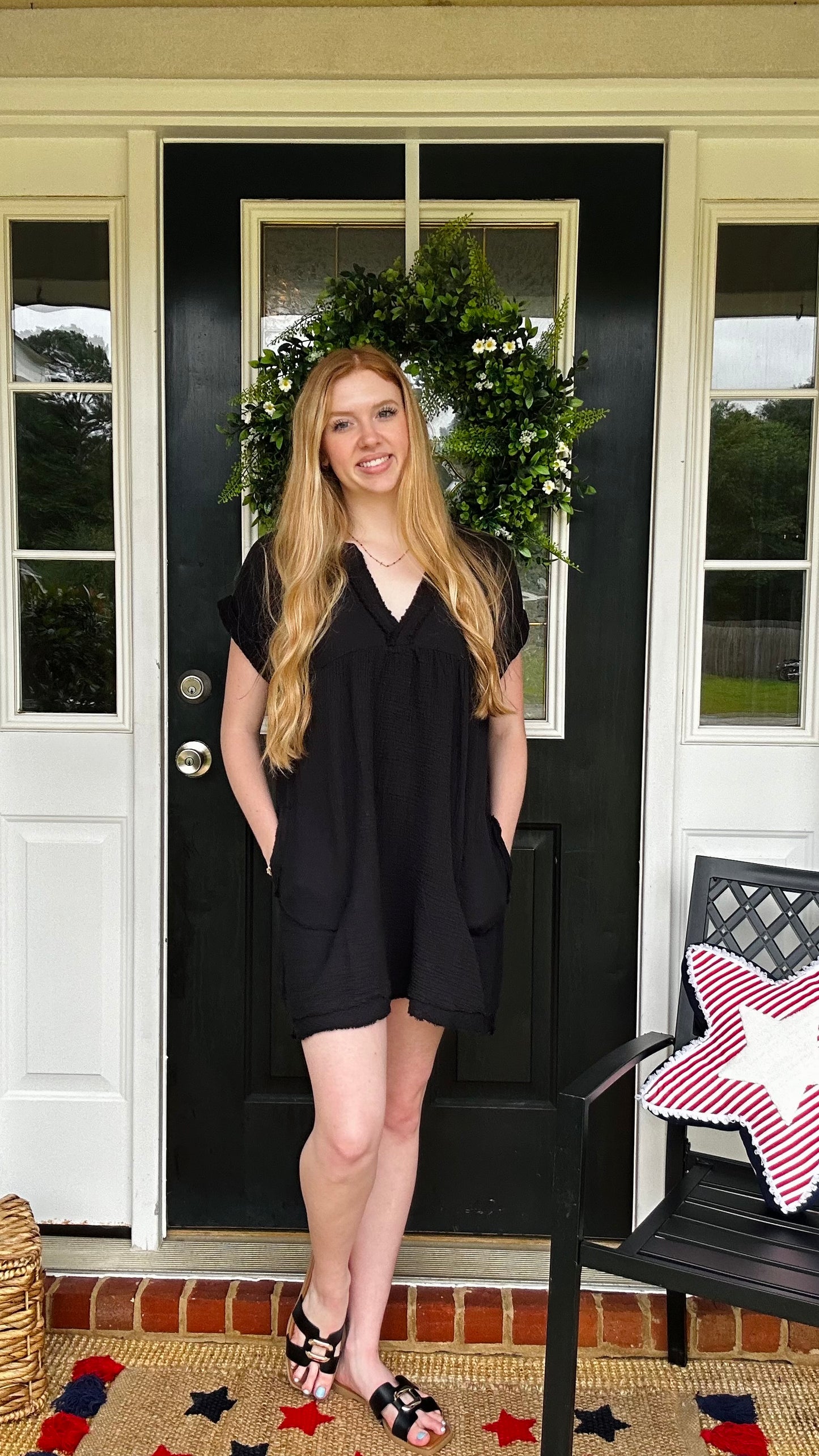 DOUBLE GAUZE RAW EDGE V-NECK DRESS - ALSO IN CURVE