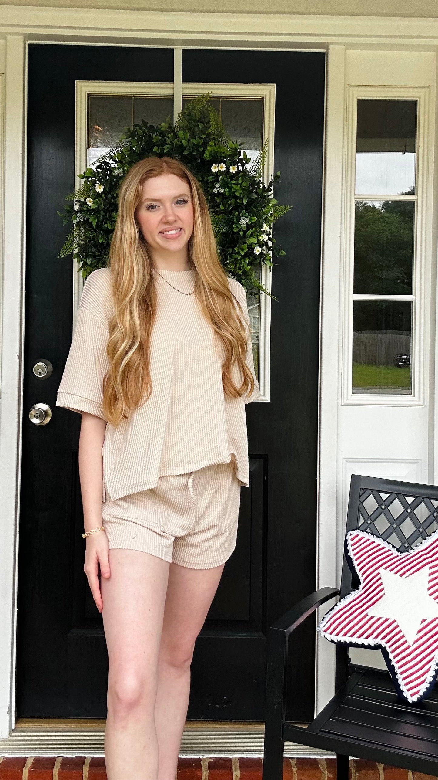 RAISED RIB SHORT SLEEVE TEE & SHORT PANTS SET - SAND BEIGE