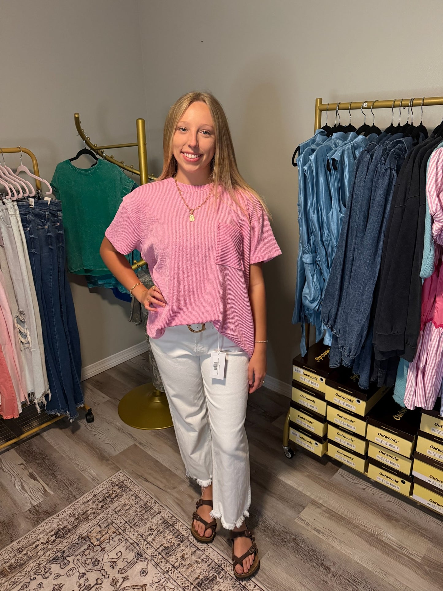 Raised Rib Short Sleeve Front Pocket Top Candy Pink