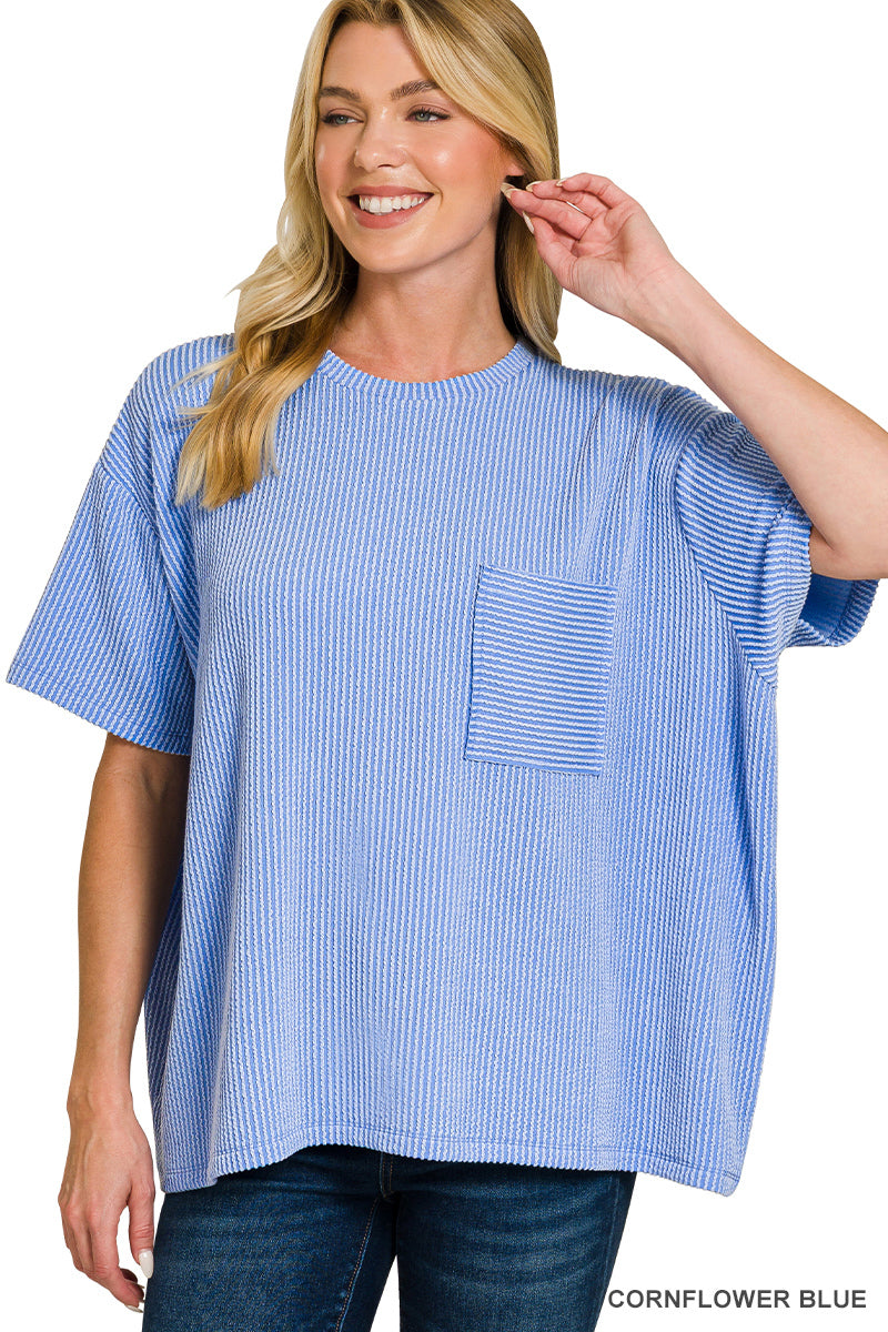 Raised Rib Short Sleeve Front Pocket Top Cornflower Blue