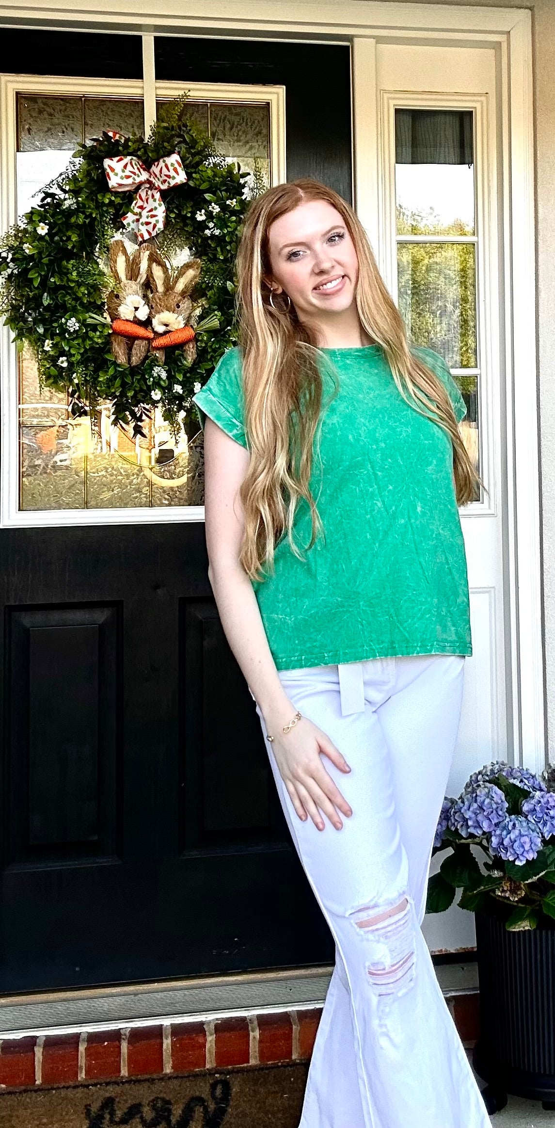 Crinkle Washed Round Neck Folded Short Sleeve Tee Green