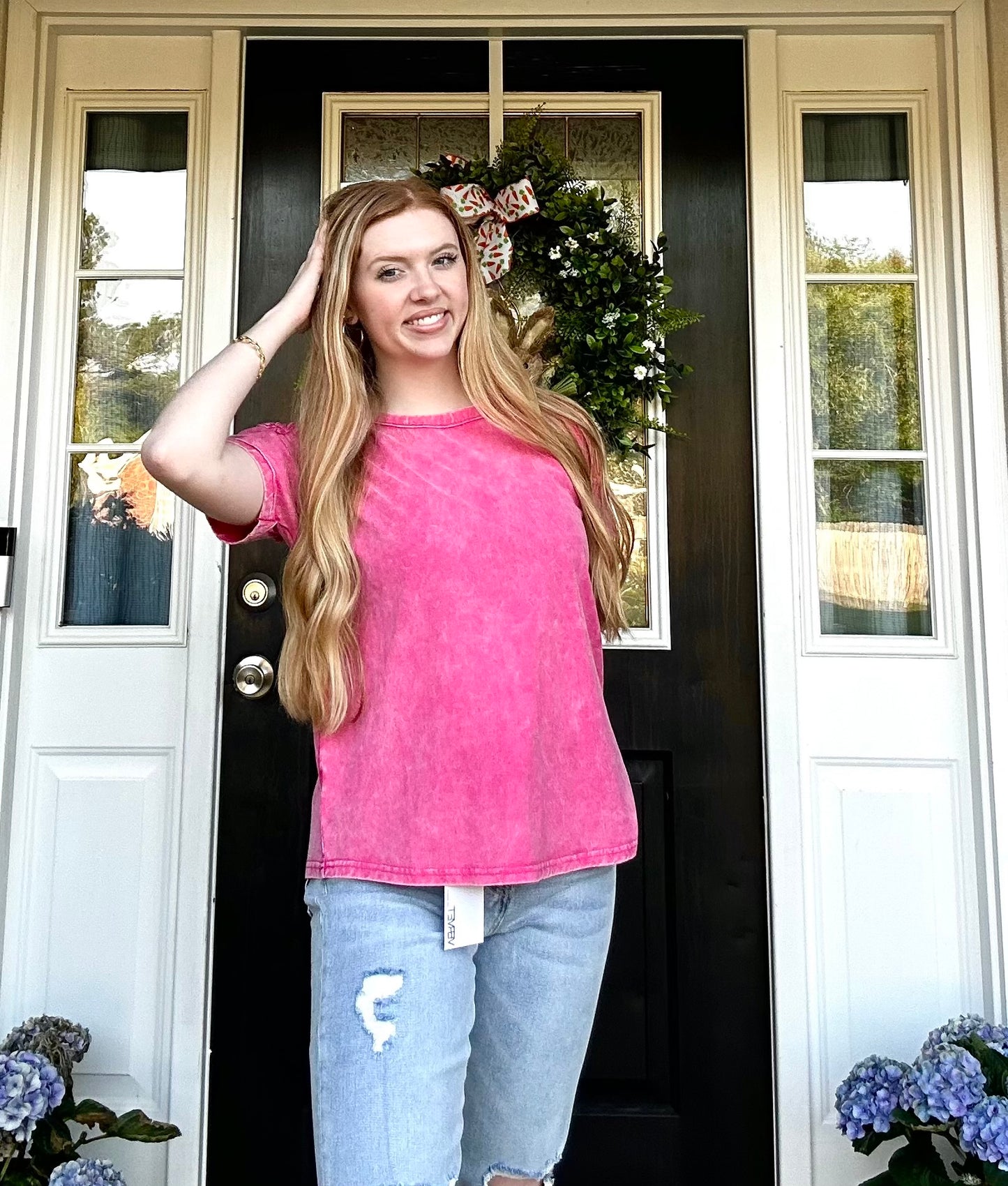 Acid Washed Round Neck T-Shirt Pink
