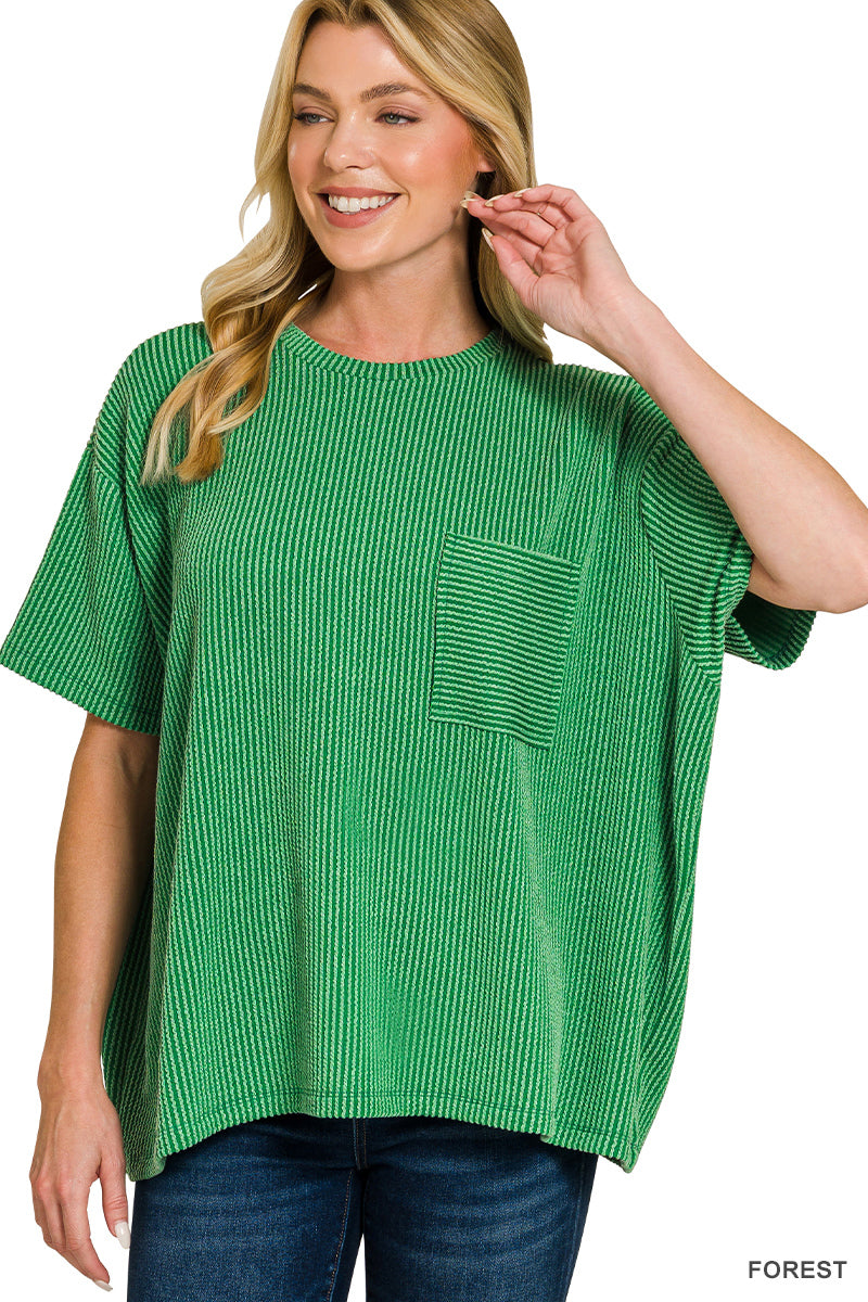 Raised Rib Short Sleeve Front Pocket Top Forest