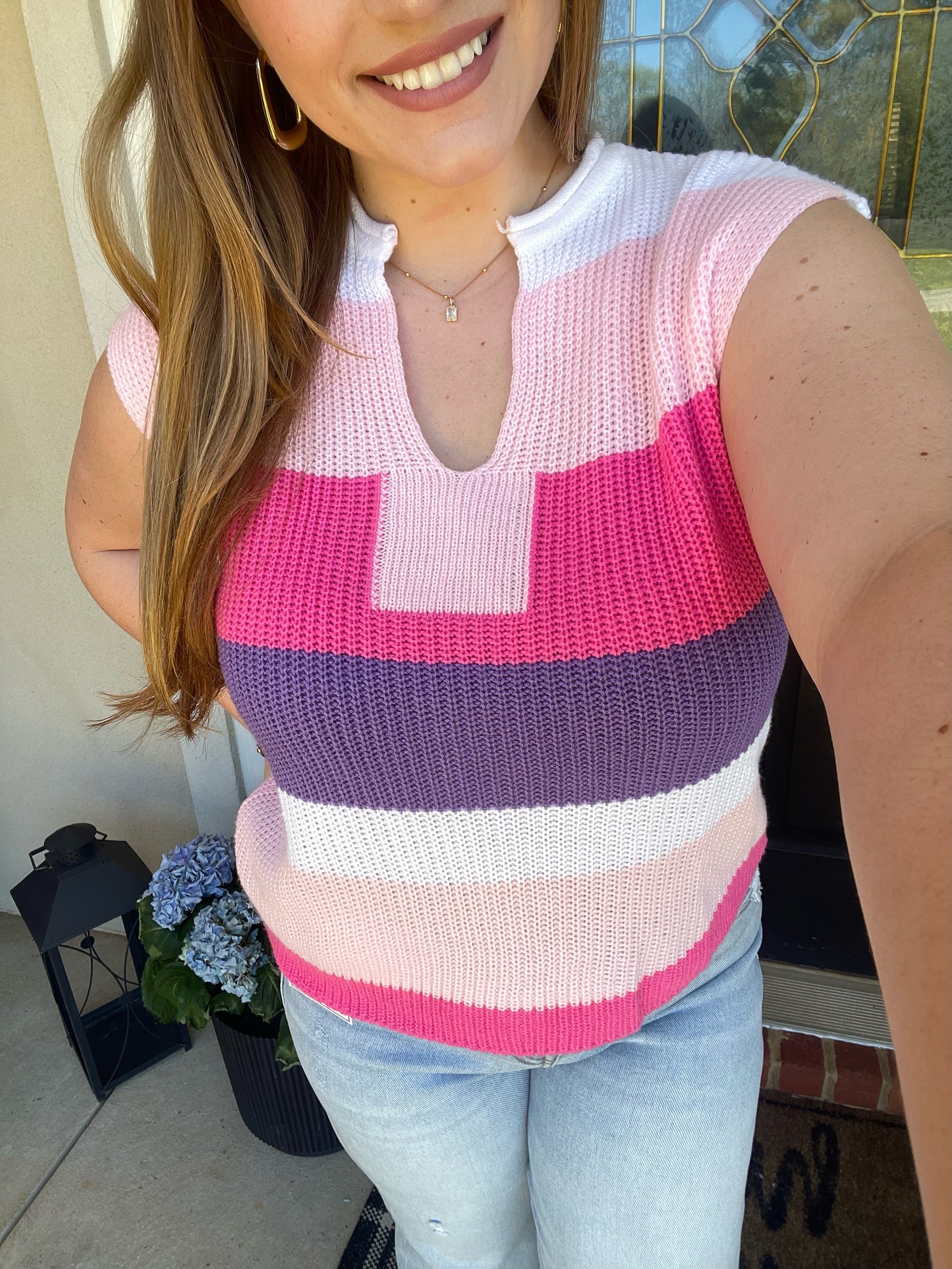 Colorblock Striped Knit Top Casual V Neck Short Sleeve Sweater
