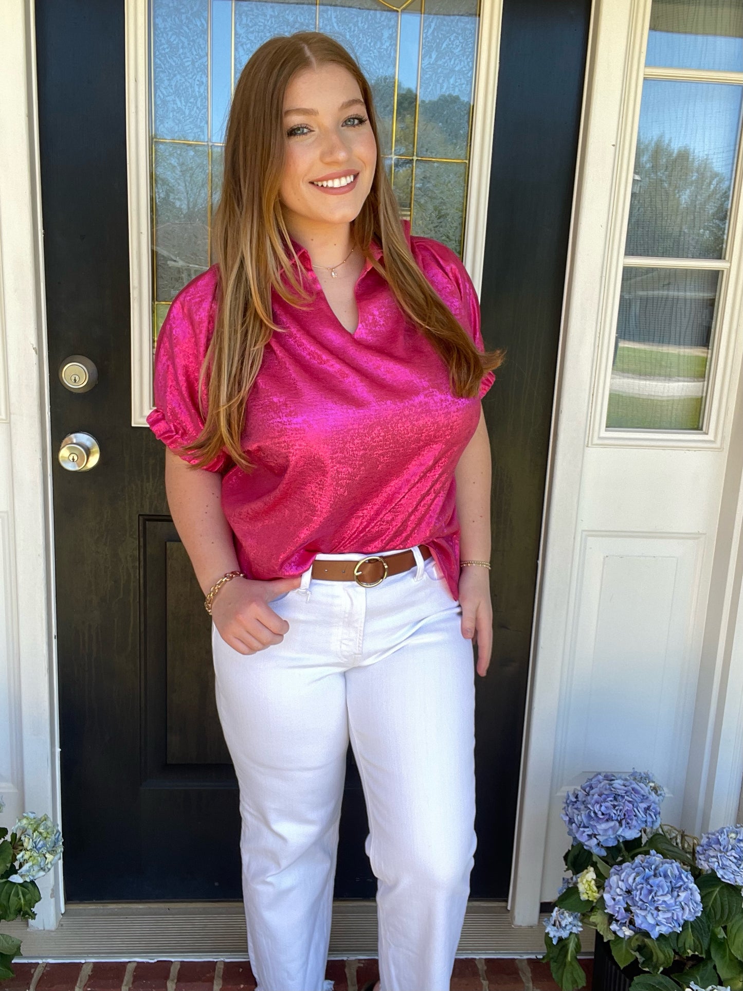 Strawberry Pink Collared V Neck Half Sleeve Metallic TopPink