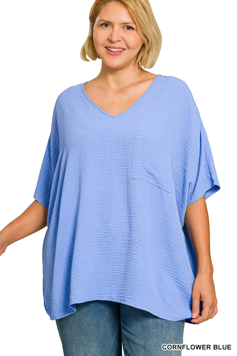 CURVE - WOVEN AIRFLOW V-NECK DOLMAN SHORT SLEEVE TOP - CORNFLOWER BLUE