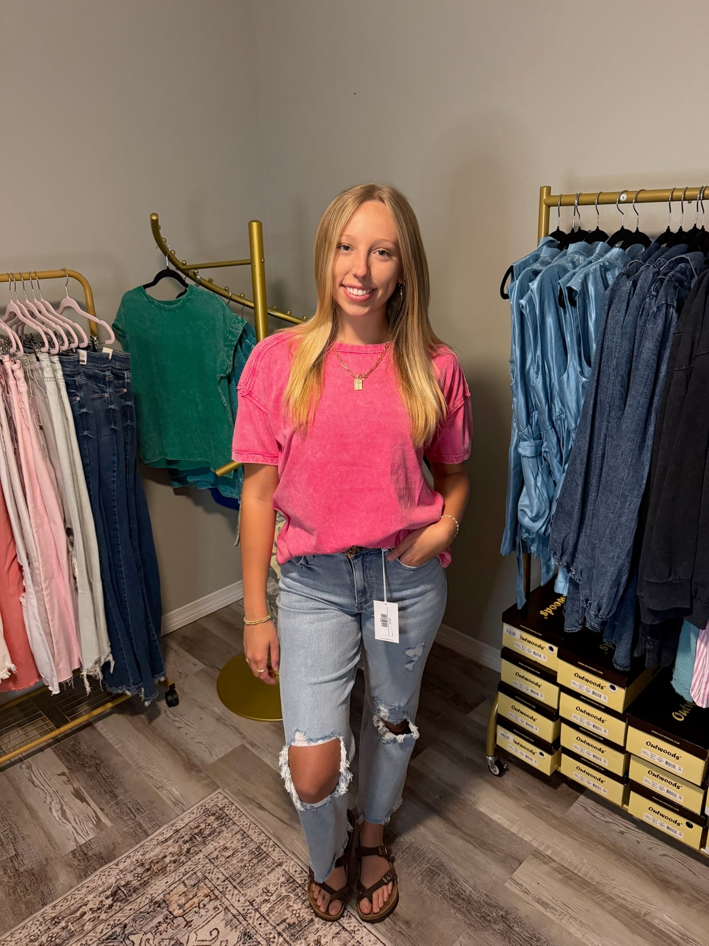 Acid Washed Round Neck T-Shirt Pink