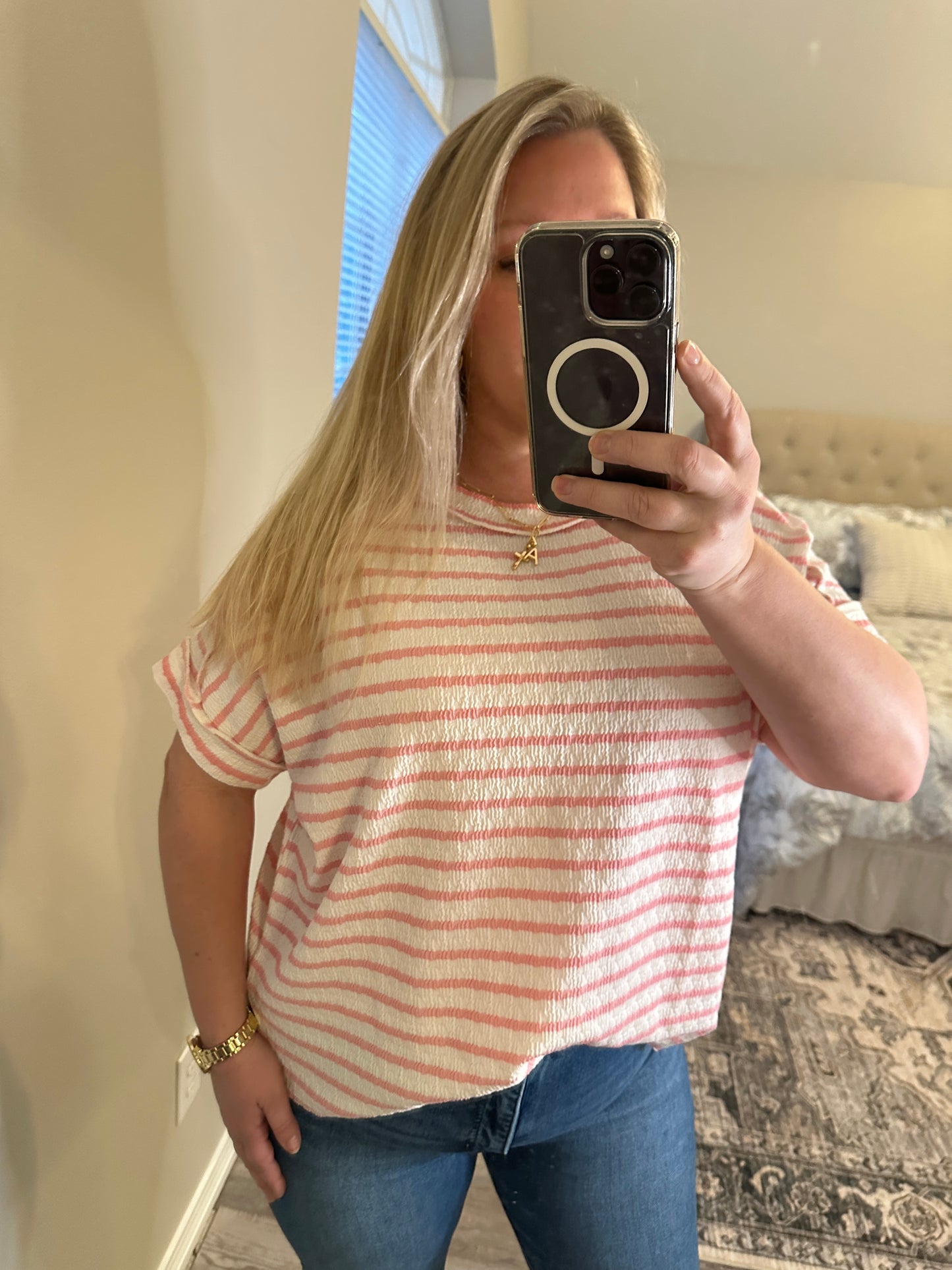 STRIPED SHORT SLEEVE HI-LOW TEE - PINK