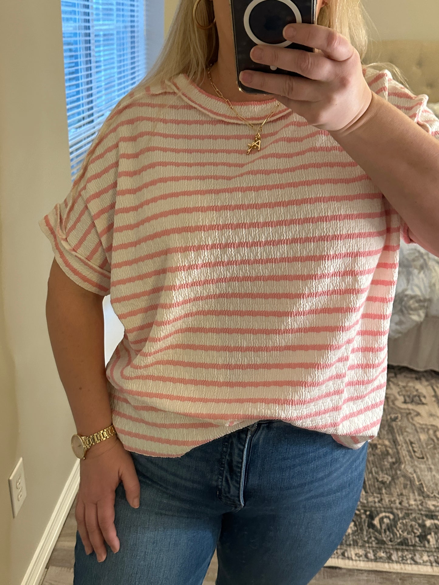 STRIPED SHORT SLEEVE HI-LOW TEE - PINK