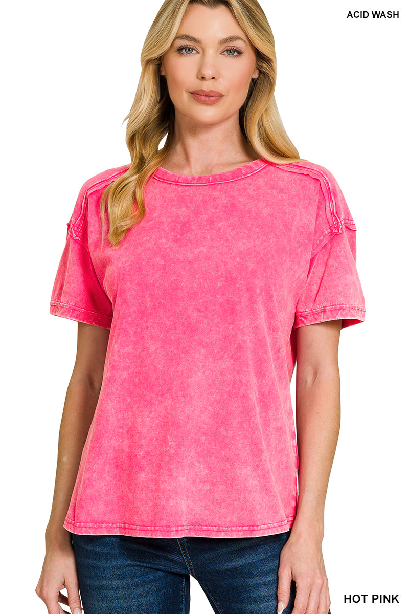 Acid Washed Round Neck T-Shirt Pink
