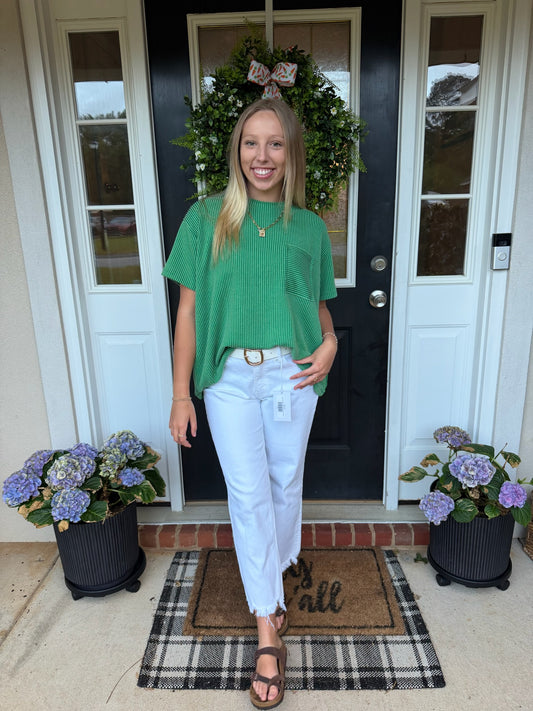 Raised Rib Short Sleeve Front Pocket Top Forest