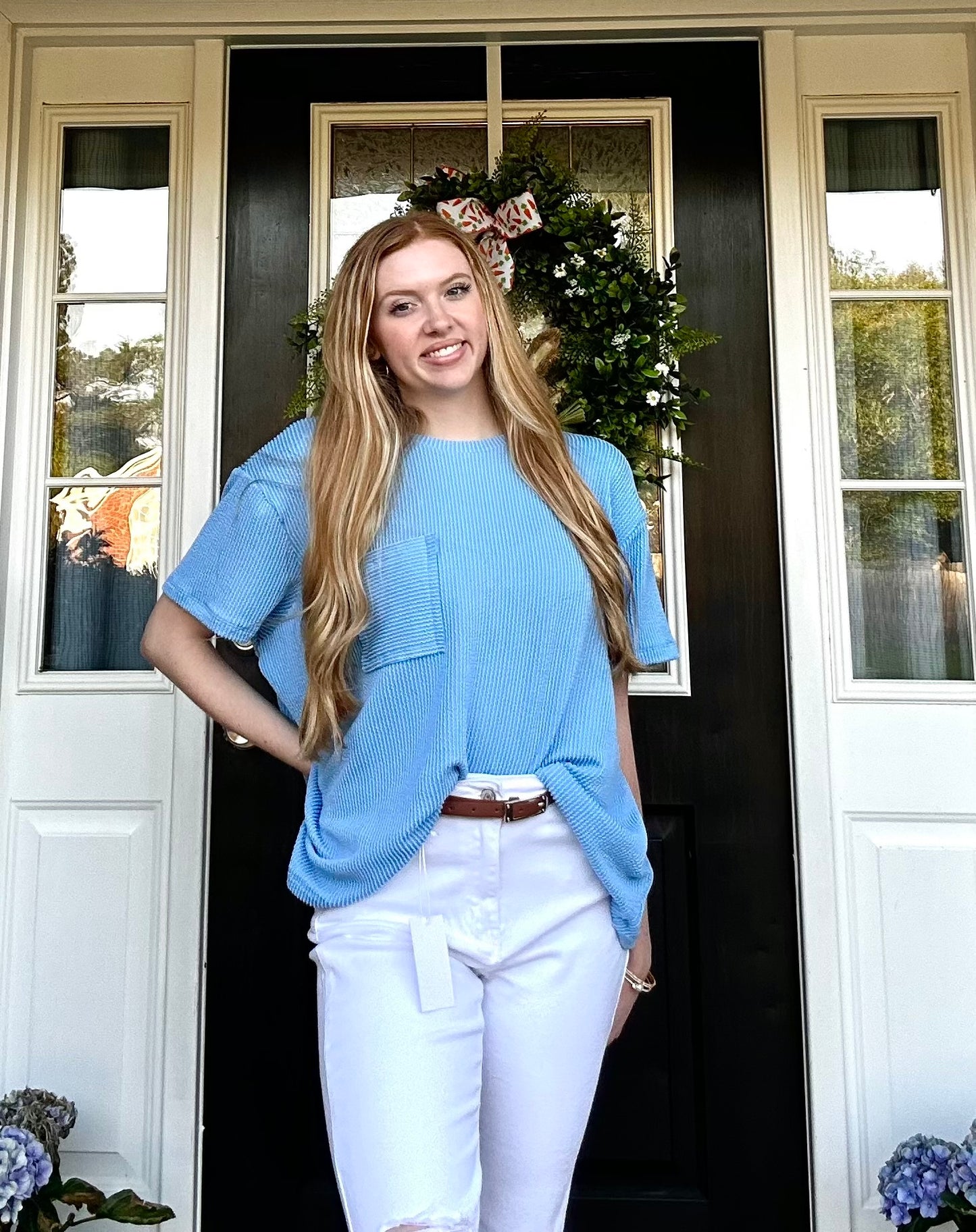 Raised Rib Short Sleeve Front Pocket Top Sky Blue
