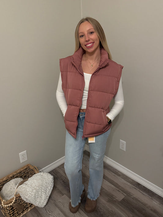 High Neck Casual Comfy Puffer Vest – Mauve