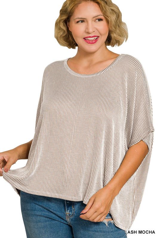 CURVE - RIBBED STRIPED OVERSIZED SHORT SLEEVE TOP - ASH MOCHA