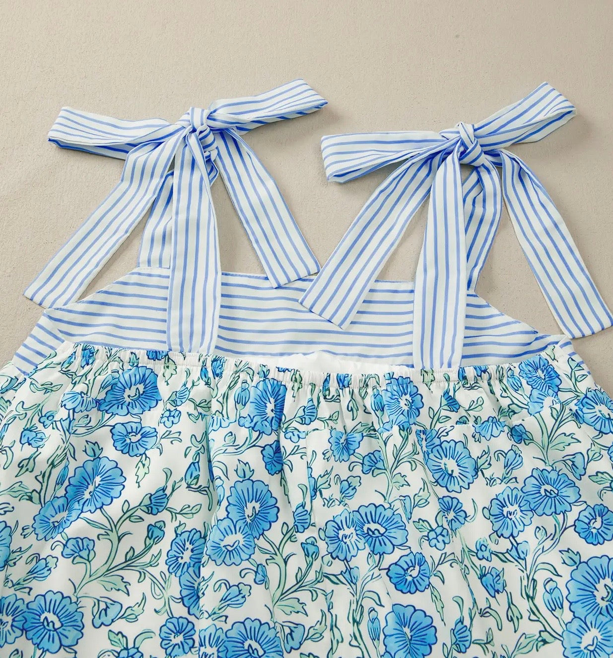 Floral Print Striped Patchwork Bow Knot Straps Dress - WITH POCKETS