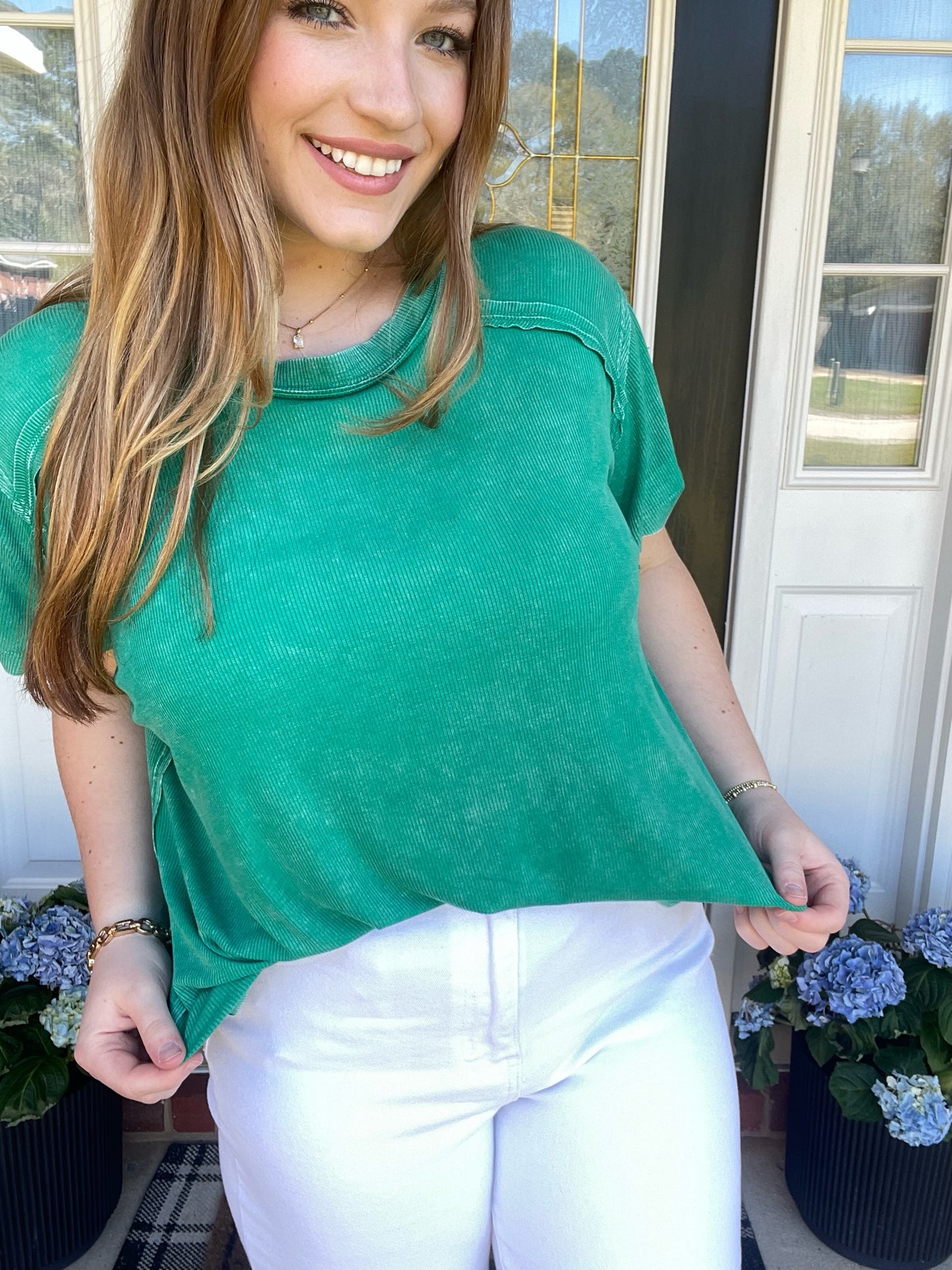 Washed Ribbed Short Sleeve Boat Neck Top Green