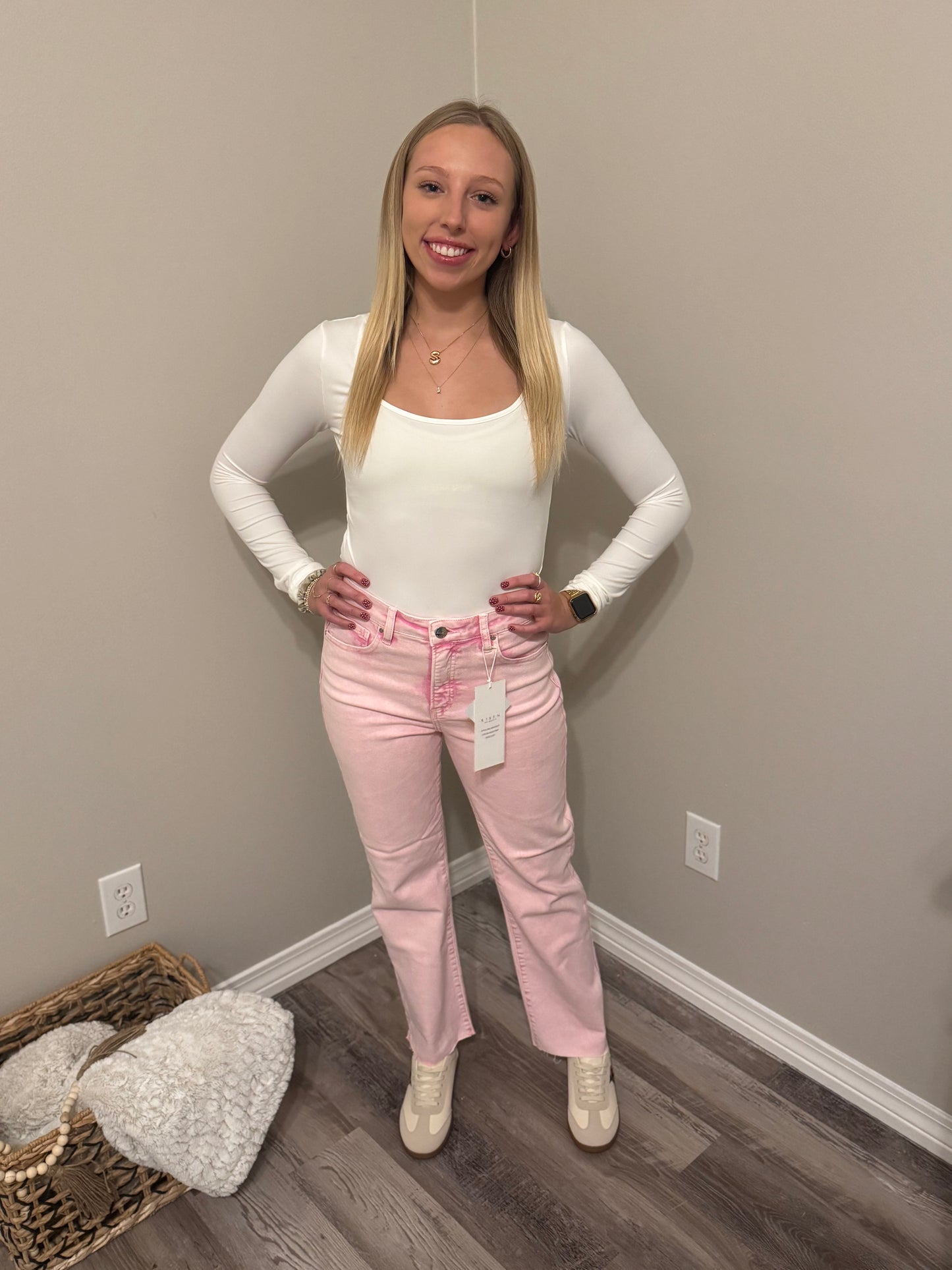 Risen High Rise Raw Hem Slit Straight Pants – Acid Pink