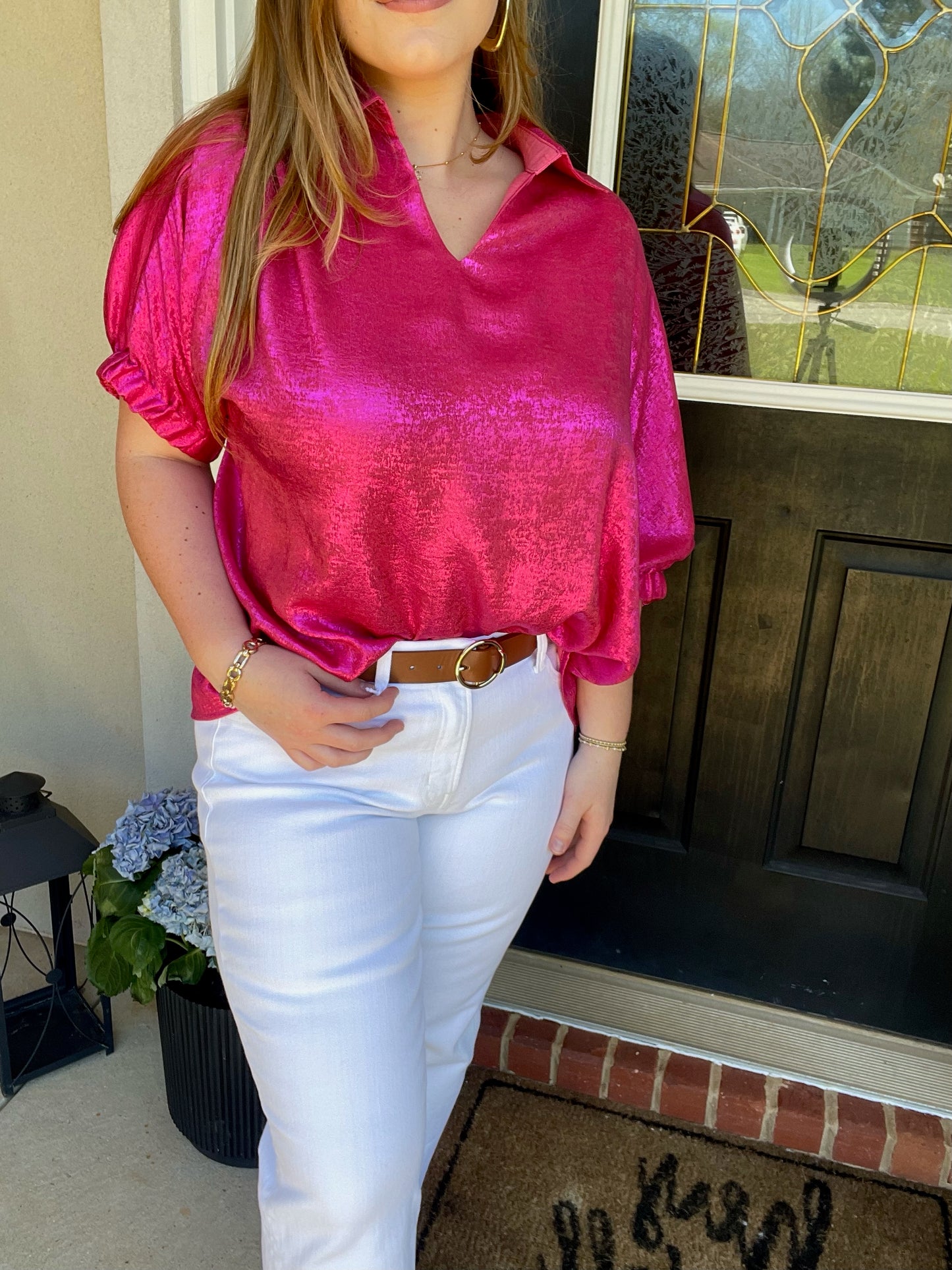 Strawberry Pink Collared V Neck Half Sleeve Metallic TopPink