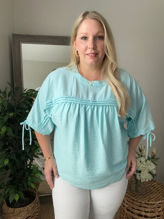 Tie Half Sleeve Pleated Detail Babydoll Blouse