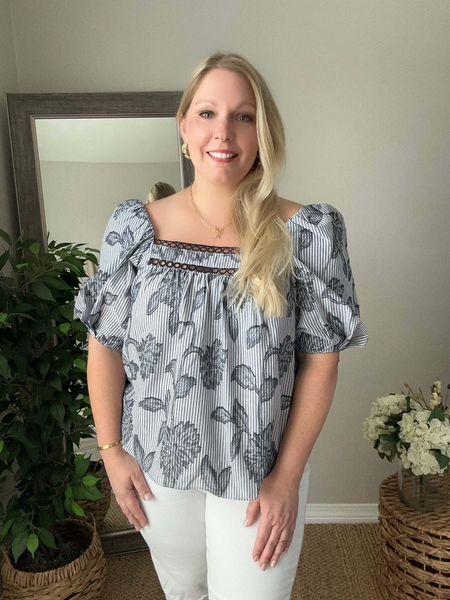 Striped Floral Square Neck Blouse with Trim Details and a Petal Sleeve Overlay | DK Navy