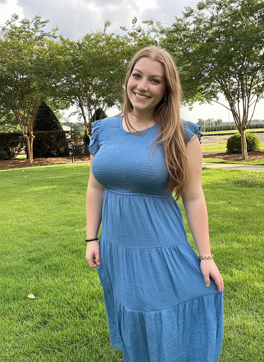 Woven Smocked Ruffle Sleeve Midi Dress Dusty Blue