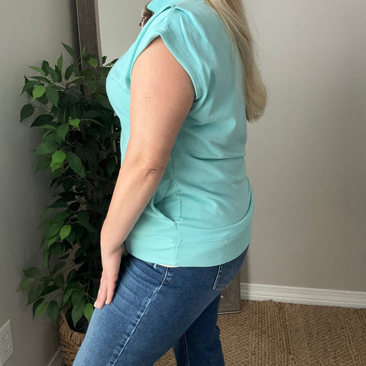 Solid Mock Neck Pocket Short Sleeve Top