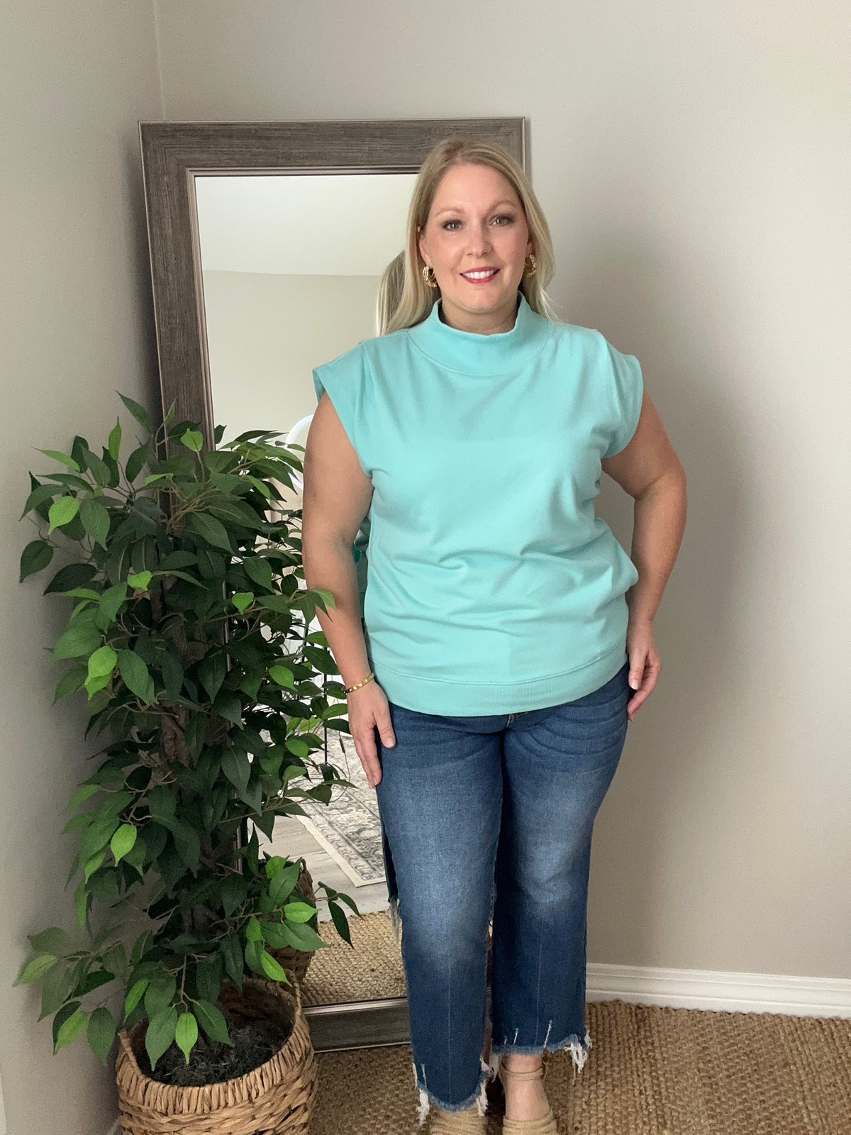 Solid Mock Neck Pocket Short Sleeve Top