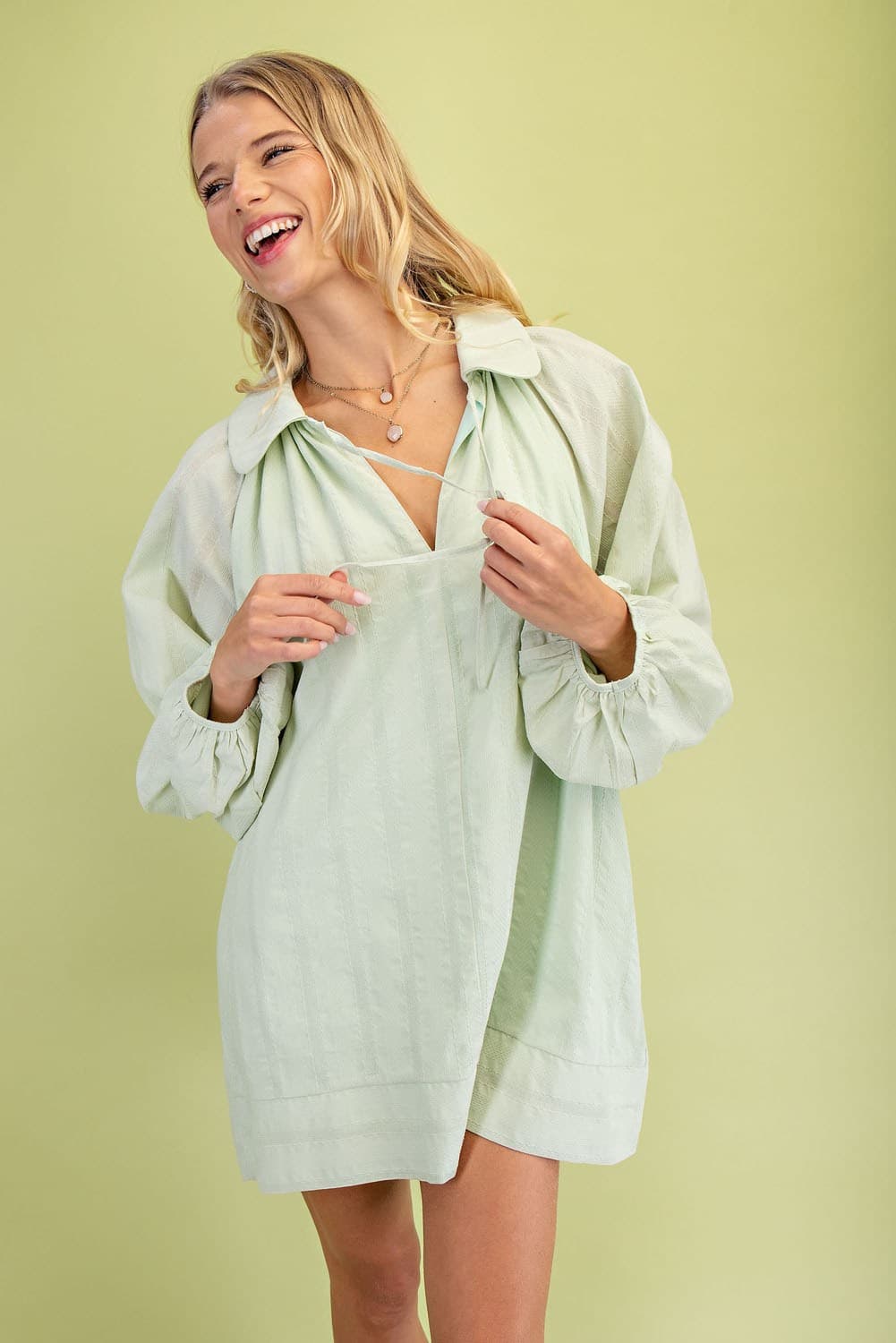 Artisan Textured Balloon Sleeve Mini Dress with Front Tie | Sage