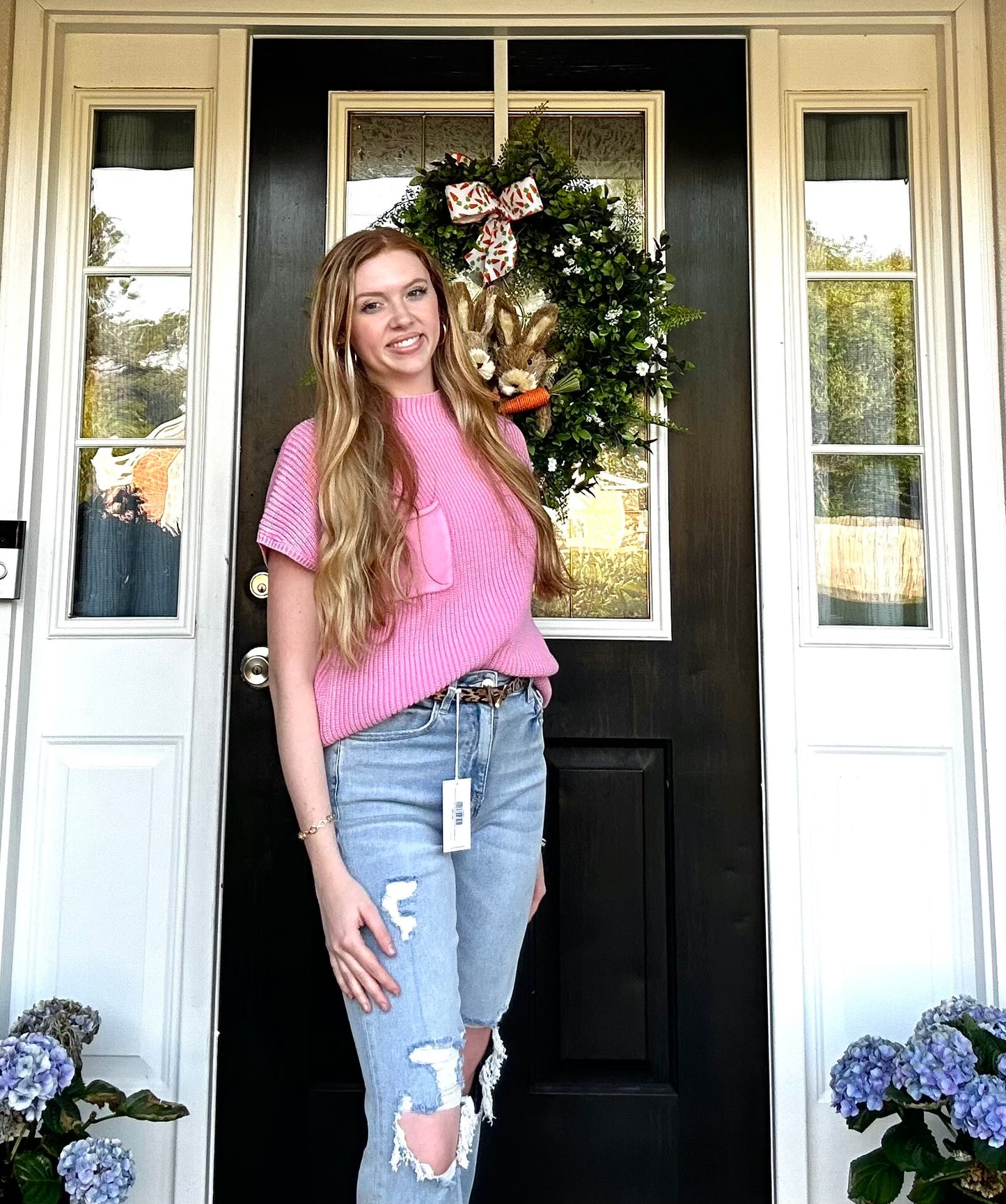 Washed Mock Neck Short Sleeve Sweater Candy Pink