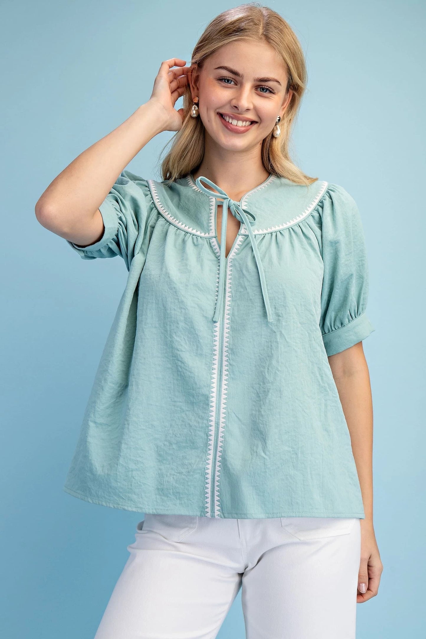 Tie Neck Short Sleeve Top with Embroidered Triangle Details | Mint