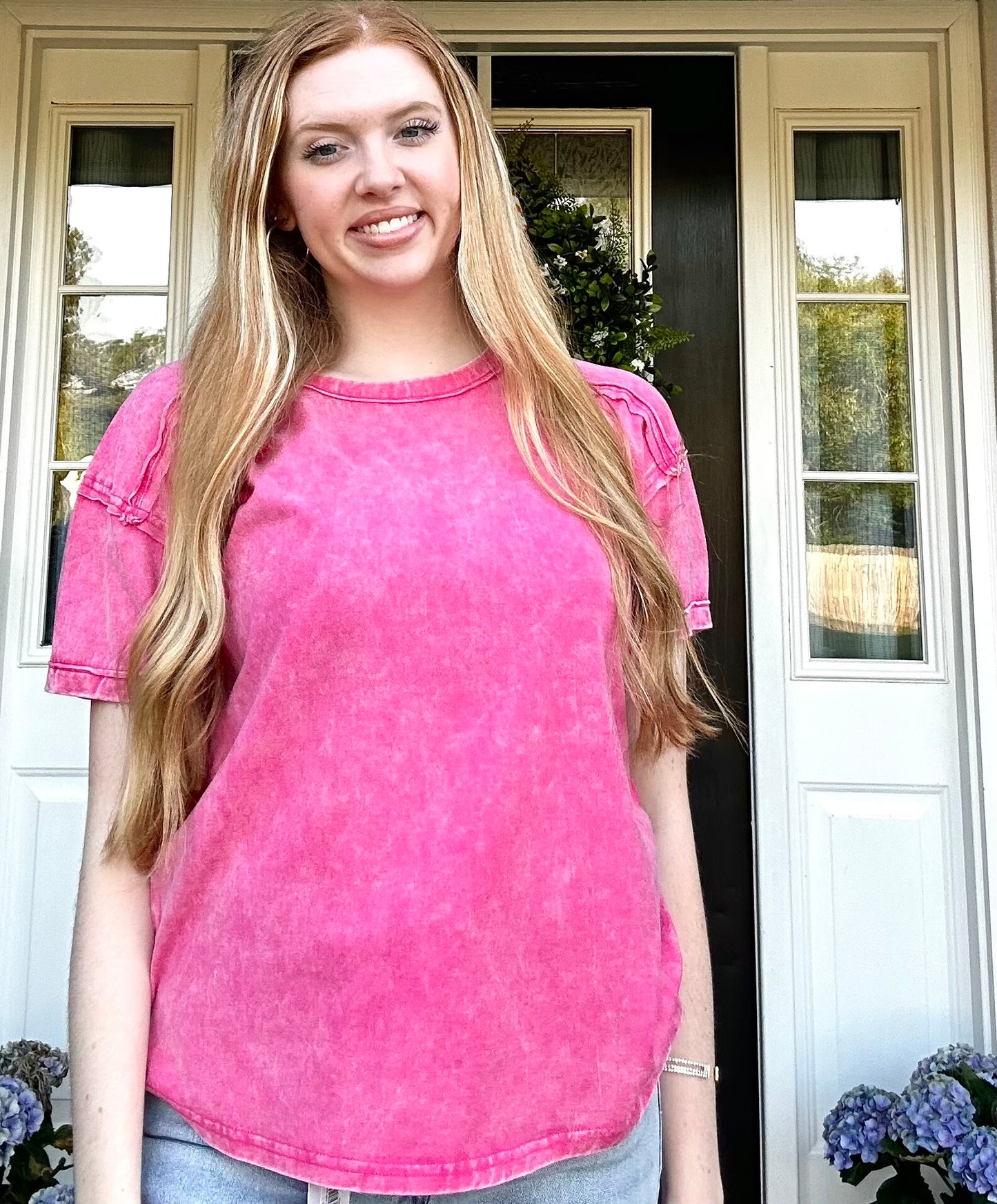 Acid Washed Round Neck T-Shirt Pink