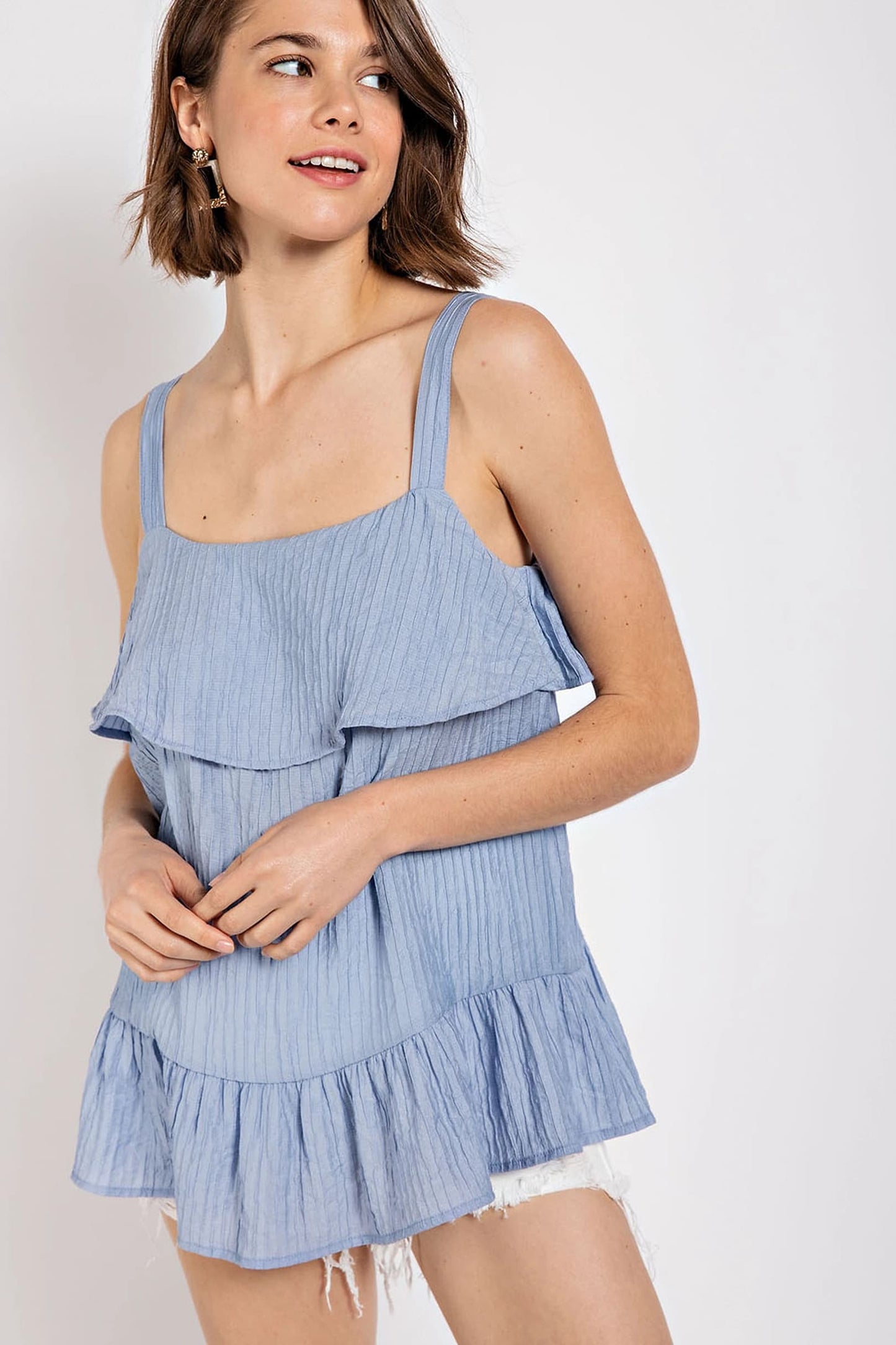Ruffle Detail Tank Top with Adjustable Strap | Denim Blue