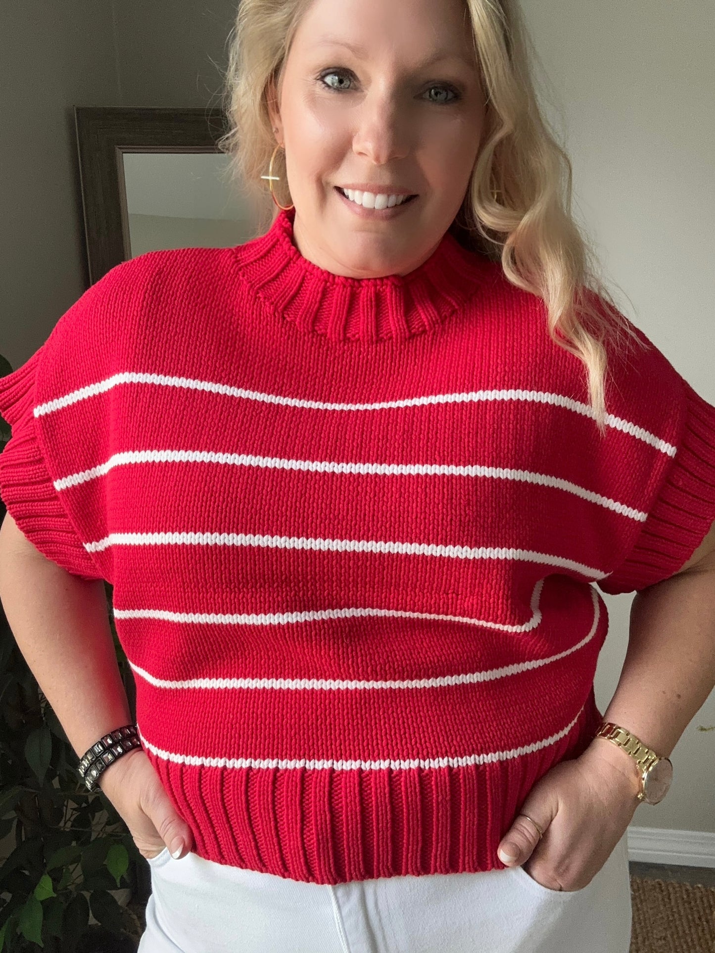LACEYS Striped cropped mock neck sweater | Ruby Red