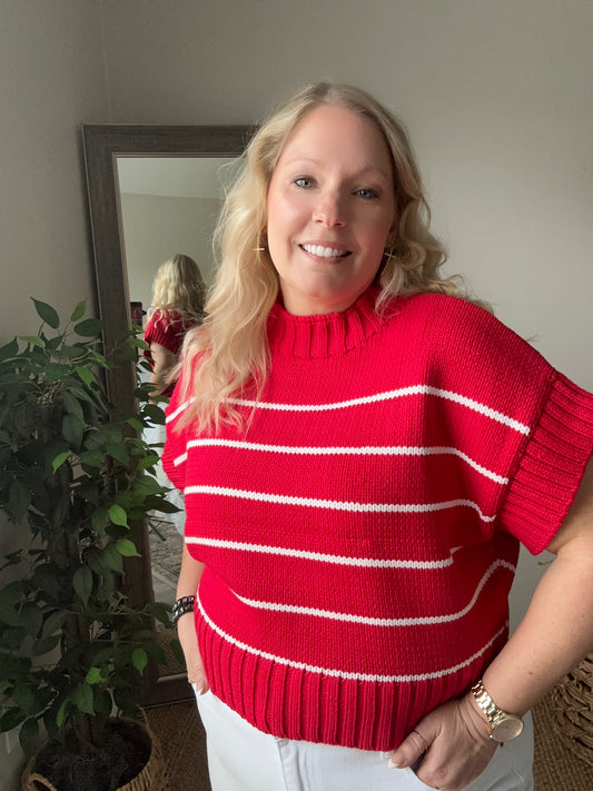 LACEYS Striped cropped mock neck sweater | Ruby Red