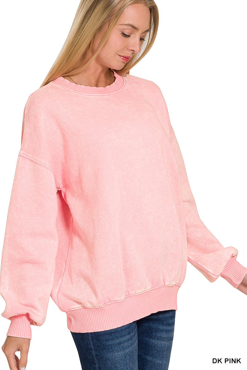 Pink Acid Washed Fleece Oversized Pullover